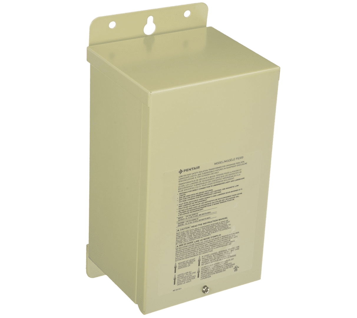 Beige metal electrical junction box with Pentair Water Pool and Spa 619963 Pool Rated Transformer for Swimming Pool label on one side.